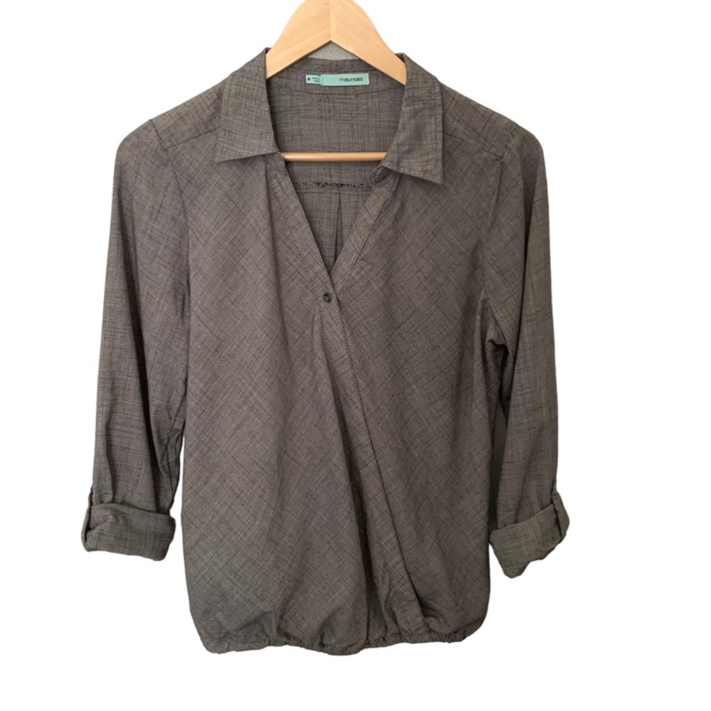 MAURICES Gray Cuffed Sleeve v-Neck Blouse Shirt Women‎ Medium